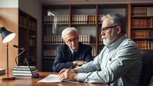Cliente idoso consultando advogado empático sobre o BPC/LOAS em escritório bem iluminado.