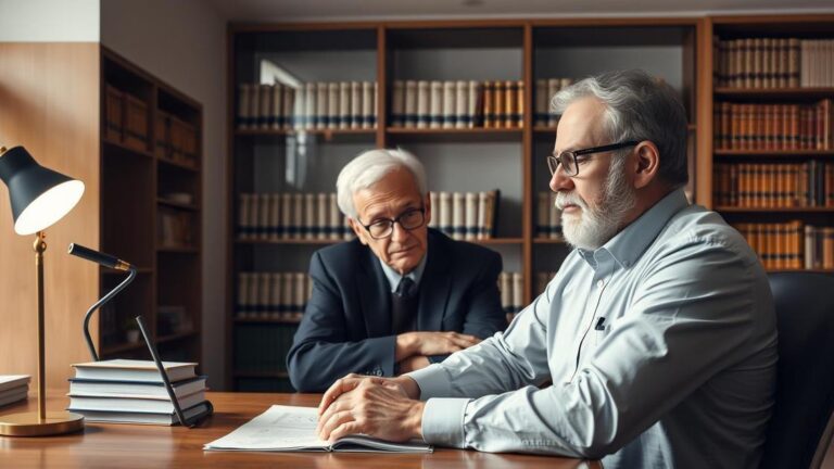 Cliente idoso consultando advogado empático sobre o BPC/LOAS em escritório bem iluminado.