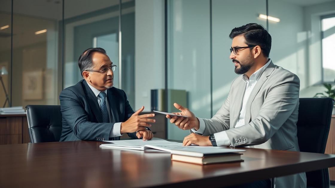 Advogado orientando empresário sobre o regime de lucro presumido em escritório moderno.