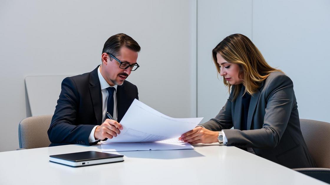 Dupla revisando um memorando de entendimentos em escritório moderno, simbolizando colaboração e clareza.