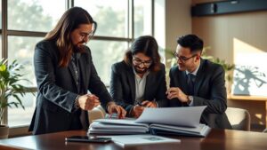 Empresário revisando proposta de plano de stock options com advogado em escritório corporativo moderno.