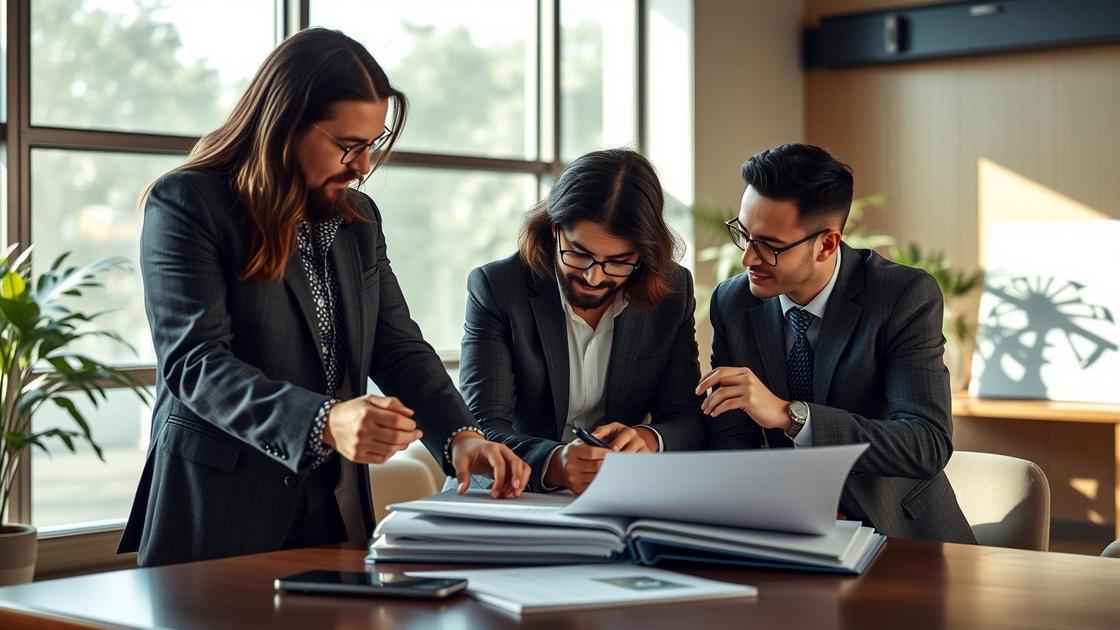 Empresário revisando proposta de plano de stock options com advogado em escritório corporativo moderno.