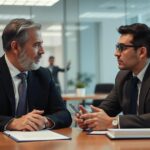 Advogado guiando casal sobre planejamento sucessório em escritório moderno com documentos.