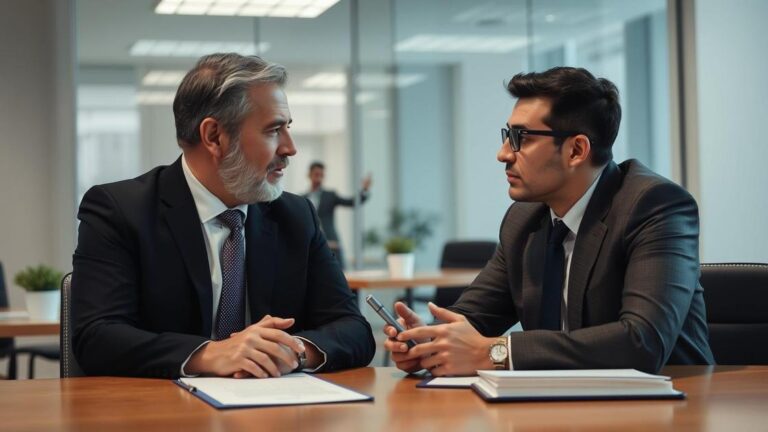 Advogado guiando casal sobre planejamento sucessório em escritório moderno com documentos.