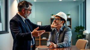 Advogado orientando trabalhador em situação de risco sobre aposentadoria especial em escritório acolhedor.