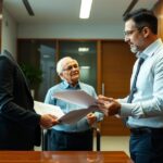 Advogado orientando cliente idoso sobre benefícios do INSS em escritório moderno e acolhedor.