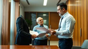 Advogado orientando cliente idoso sobre benefícios do INSS em escritório moderno e acolhedor.