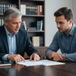 Trabalhador em reunião com advogado, discutindo direitos trabalhistas e demissão, em escritório tradicional.