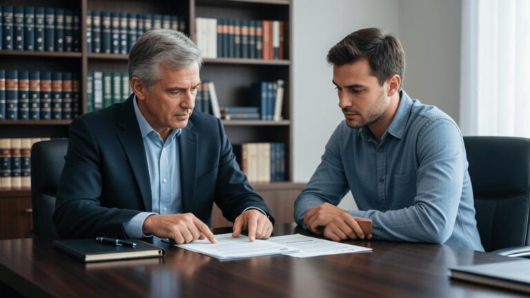 Trabalhador em reunião com advogado, discutindo direitos trabalhistas e demissão, em escritório tradicional.