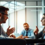 Empregados e empregadores reunidos em escritório moderno discutindo direitos e deveres trabalhistas com expressões de empatia.