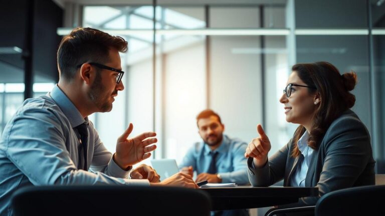 Empregados e empregadores reunidos em escritório moderno discutindo direitos e deveres trabalhistas com expressões de empatia.