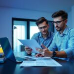 Cliente jovem analisando direitos do consumidor em home office moderno com laptop e documentos.