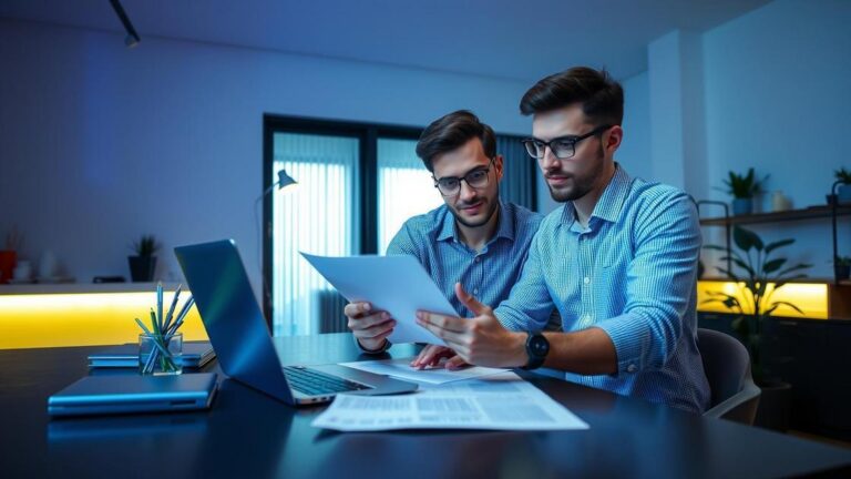 Cliente jovem analisando direitos do consumidor em home office moderno com laptop e documentos.