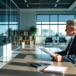 Trabalhador jovem consultando advogado sobre demissão sem justa causa em escritório moderno iluminado.