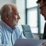 Trabalhador idoso conversando com advogado sobre aposentadoria em escritório moderno, iluminado por luz natural.