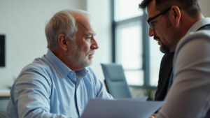 Trabalhador idoso conversando com advogado sobre aposentadoria em escritório moderno, iluminado por luz natural.