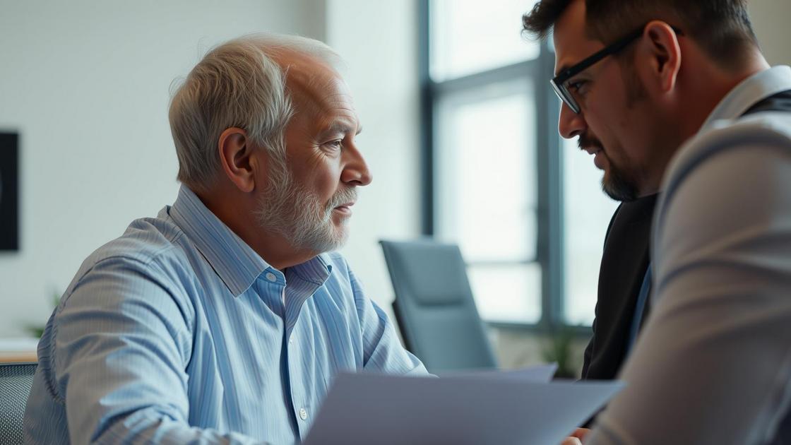 Trabalhador idoso conversando com advogado sobre aposentadoria em escritório moderno, iluminado por luz natural.
