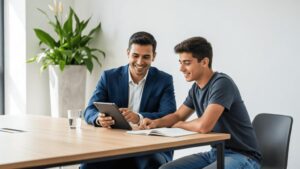 Trabalhador universitário buscando orientação de um advogado jovem sobre direitos em demissão sem justa causa em escritório moderno.