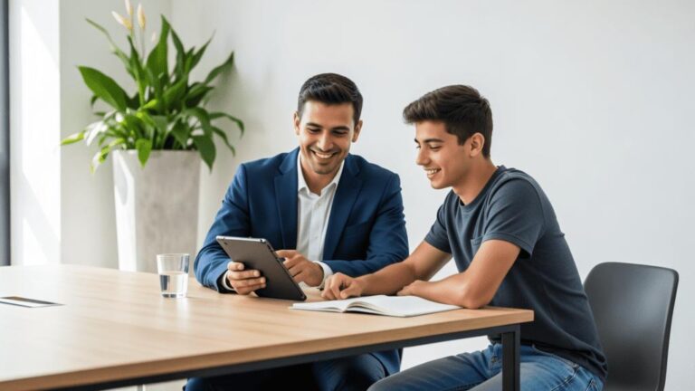 Trabalhador universitário buscando orientação de um advogado jovem sobre direitos em demissão sem justa causa em escritório moderno.
