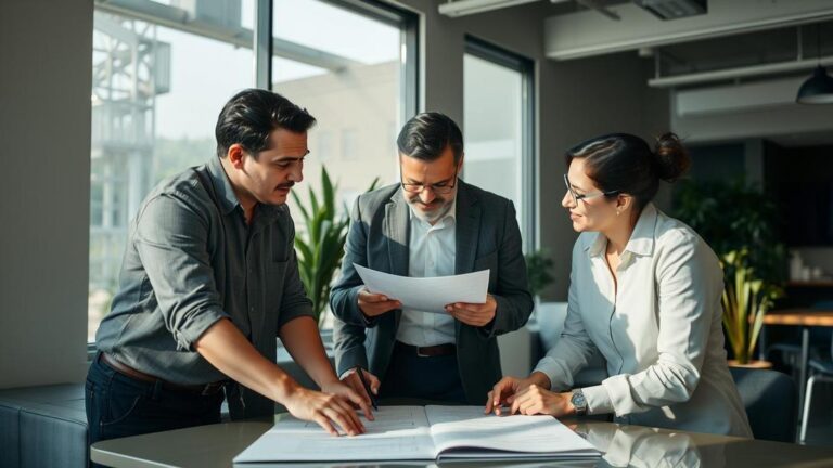 Grupo de profissionais discutindo sobre a reforma da previdência em um escritório moderno.