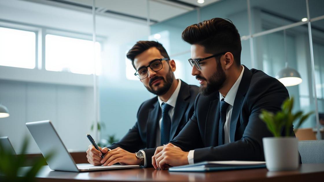 Advogado consultando cliente jovem em escritório moderno sobre aposentadoria e benefícios.