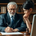 Cliente idoso recebendo assessoria de advogado em escritório aconchegante sobre processo de aposentadoria.