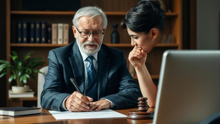Cliente idoso recebendo assessoria de advogado em escritório aconchegante sobre processo de aposentadoria.
