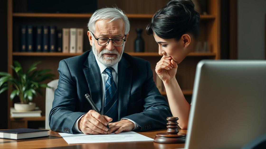 Cliente idoso recebendo assessoria de advogado em escritório aconchegante sobre processo de aposentadoria.