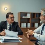 Advogado explicando reforma tributária a empresário em escritório moderno, com documentos e gráficos relevantes.