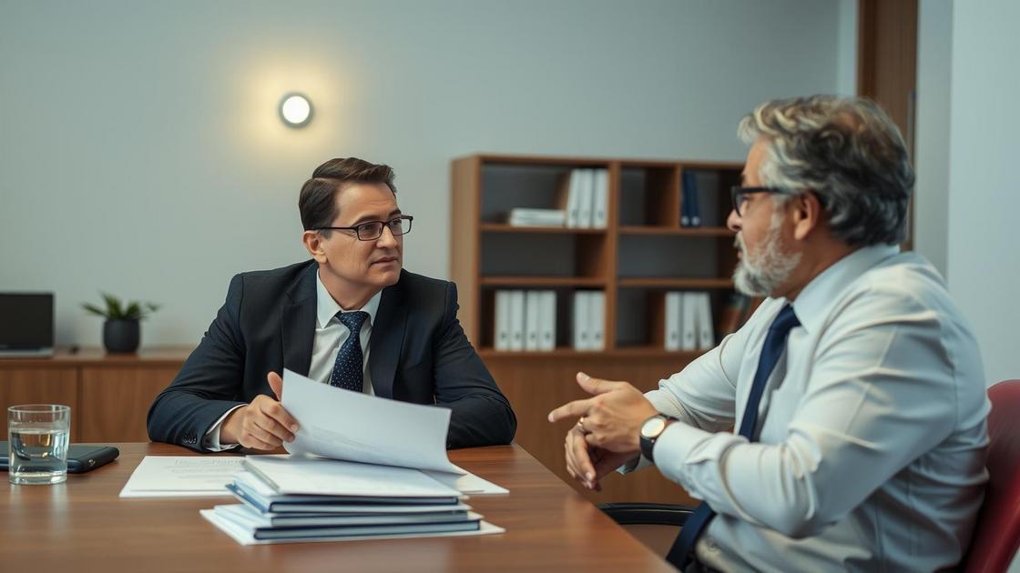 Advogado explicando reforma tributária a empresário em escritório moderno, com documentos e gráficos relevantes.