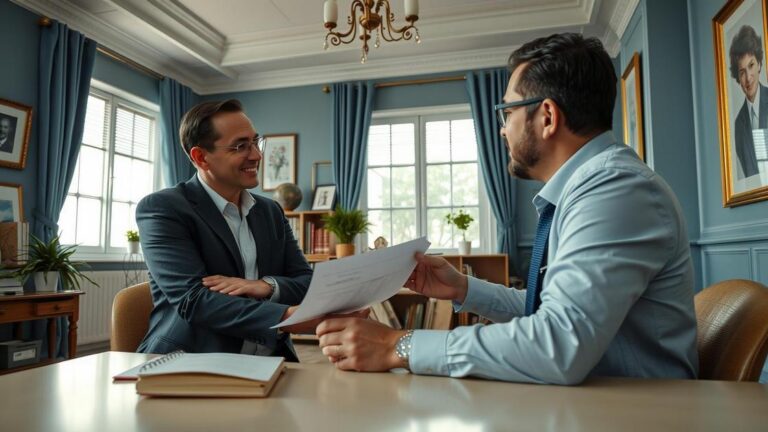 Trabalhador de meia-idade discutindo direitos previdenciários com advogado em escritório moderno.