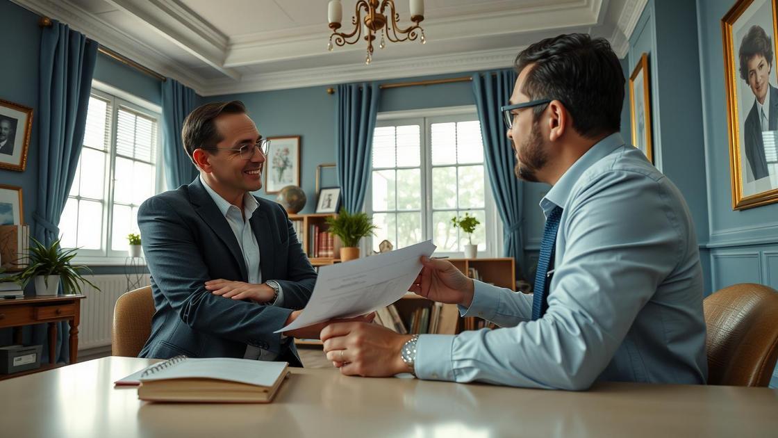 Trabalhador de meia-idade discutindo direitos previdenciários com advogado em escritório moderno.