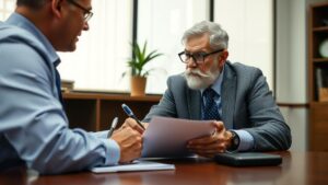 Cliente idoso consultando advogado em escritório sobre revisão de aposentadoria, destacando a relação de confiança.