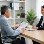 Advogado orientando cliente com deficiência sobre aposentadoria por tempo de contribuição em escritório acolhedor.