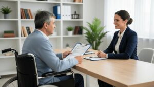 Advogado orientando cliente com deficiência sobre aposentadoria por tempo de contribuição em escritório acolhedor.