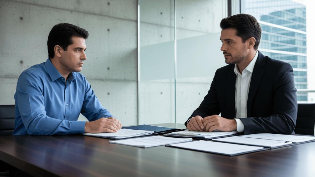 Trabalhador se reunindo com advogado em escritório moderno para discutir auxílio-acidente.