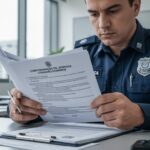 Trabalhador de segurança analisando documentos sobre compensação de jornada no regime 12x36 em escritório moderno.