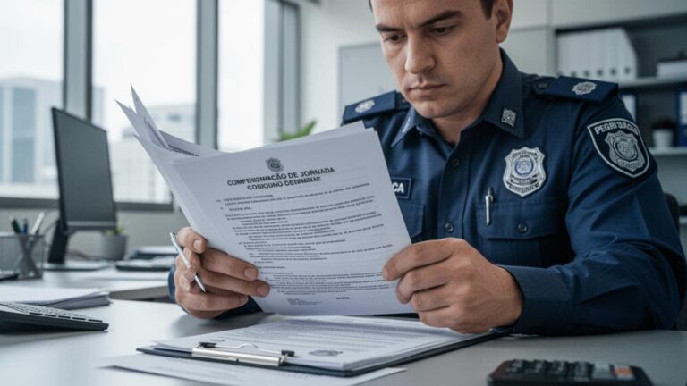 Trabalhador de segurança analisando documentos sobre compensação de jornada no regime 12x36 em escritório moderno.