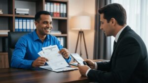 Cidadão apresentando documentos de serviço militar a advogado em um escritório, essencial para contagem de tempo para INSS.