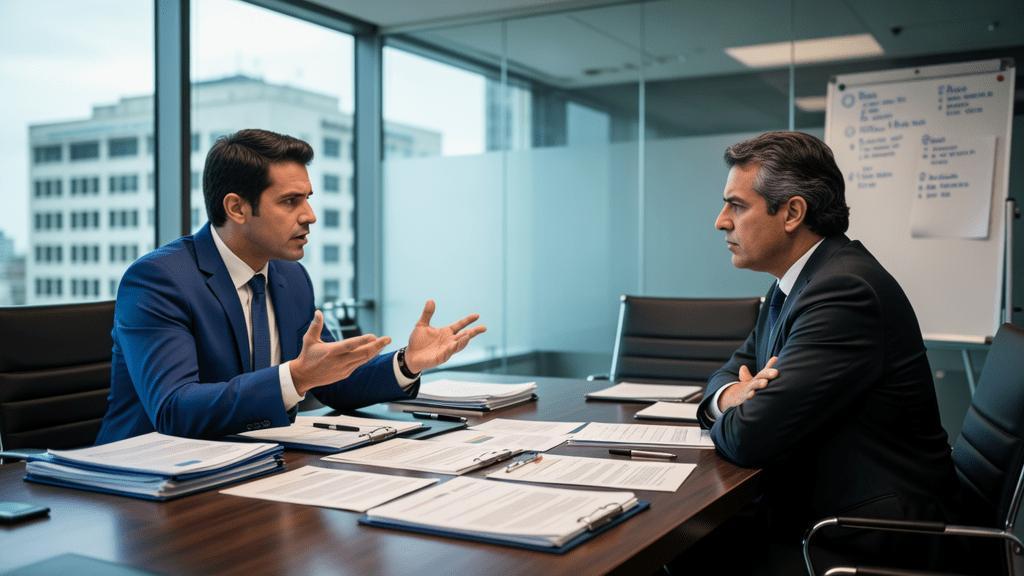 Como funciona a dissolução parcial de sociedade por quebra de affectio societatis? Advogado discutindo em escritório moderno.