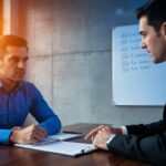 Trabalhador e advogado discutindo desvio de função em escritório moderno, refletindo sobre direitos trabalhistas.