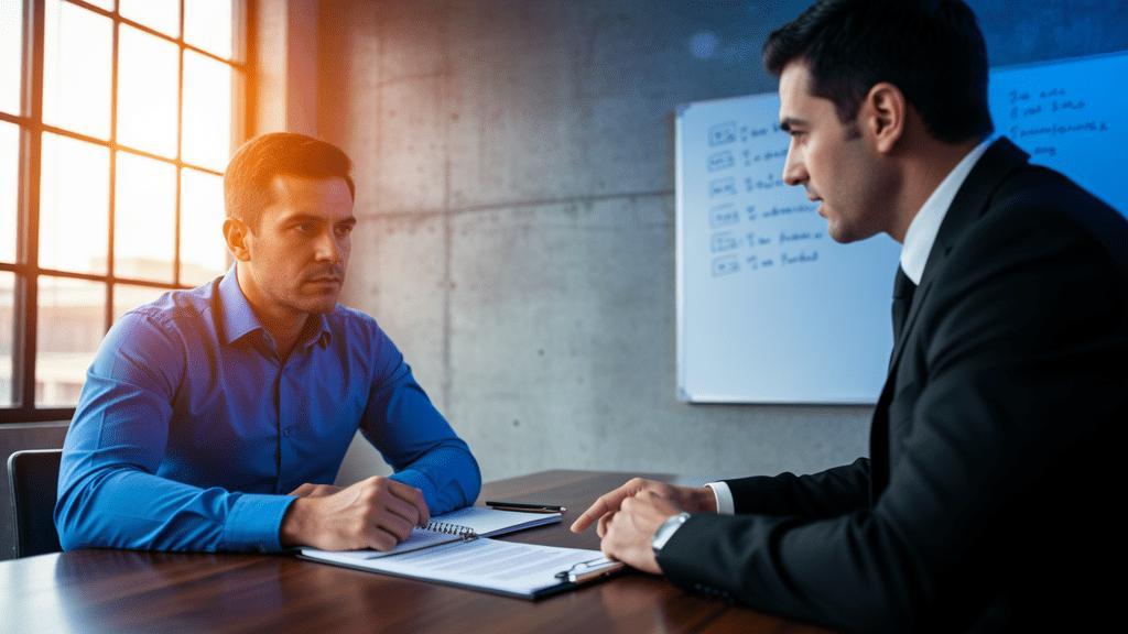 Trabalhador e advogado discutindo desvio de função em escritório moderno, refletindo sobre direitos trabalhistas.