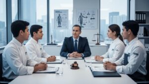 Trabalhadores de restaurantes em reunião com advogado discutindo gorjetas e guarnições no ambiente de trabalho.