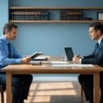 Trabalhador em turno de revezamento conversando com advogado sobre direitos trabalhistas em escritório.