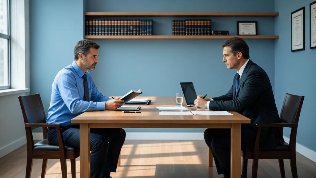Trabalhador em turno de revezamento conversando com advogado sobre direitos trabalhistas em escritório.