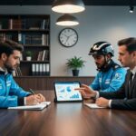 Trabalhadores de plataformas discutindo direitos trabalhistas com advogado em escritório moderno sobre direitos dos trabalhadores de plataformas (Uber, iFood) no cenário jurídico atual.