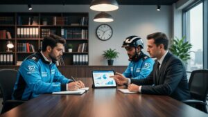 Trabalhadores de plataformas discutindo direitos trabalhistas com advogado em escritório moderno sobre direitos dos trabalhadores de plataformas (Uber, iFood) no cenário jurídico atual.