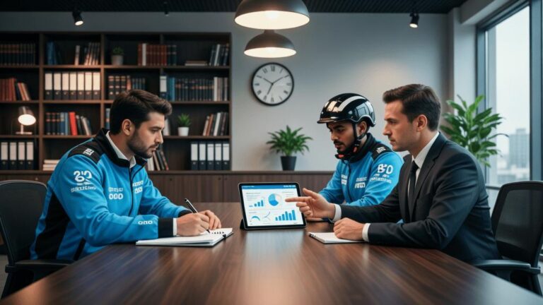 Trabalhadores de plataformas discutindo direitos trabalhistas com advogado em escritório moderno sobre direitos dos trabalhadores de plataformas (Uber, iFood) no cenário jurídico atual.