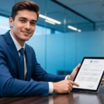 Pequeno empresário revisando contrato com advogado em escritório moderno, enfatizando temas de direitos trabalhistas.