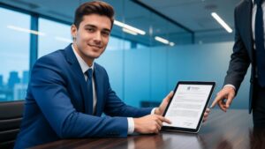 Pequeno empresário revisando contrato com advogado em escritório moderno, enfatizando temas de direitos trabalhistas.